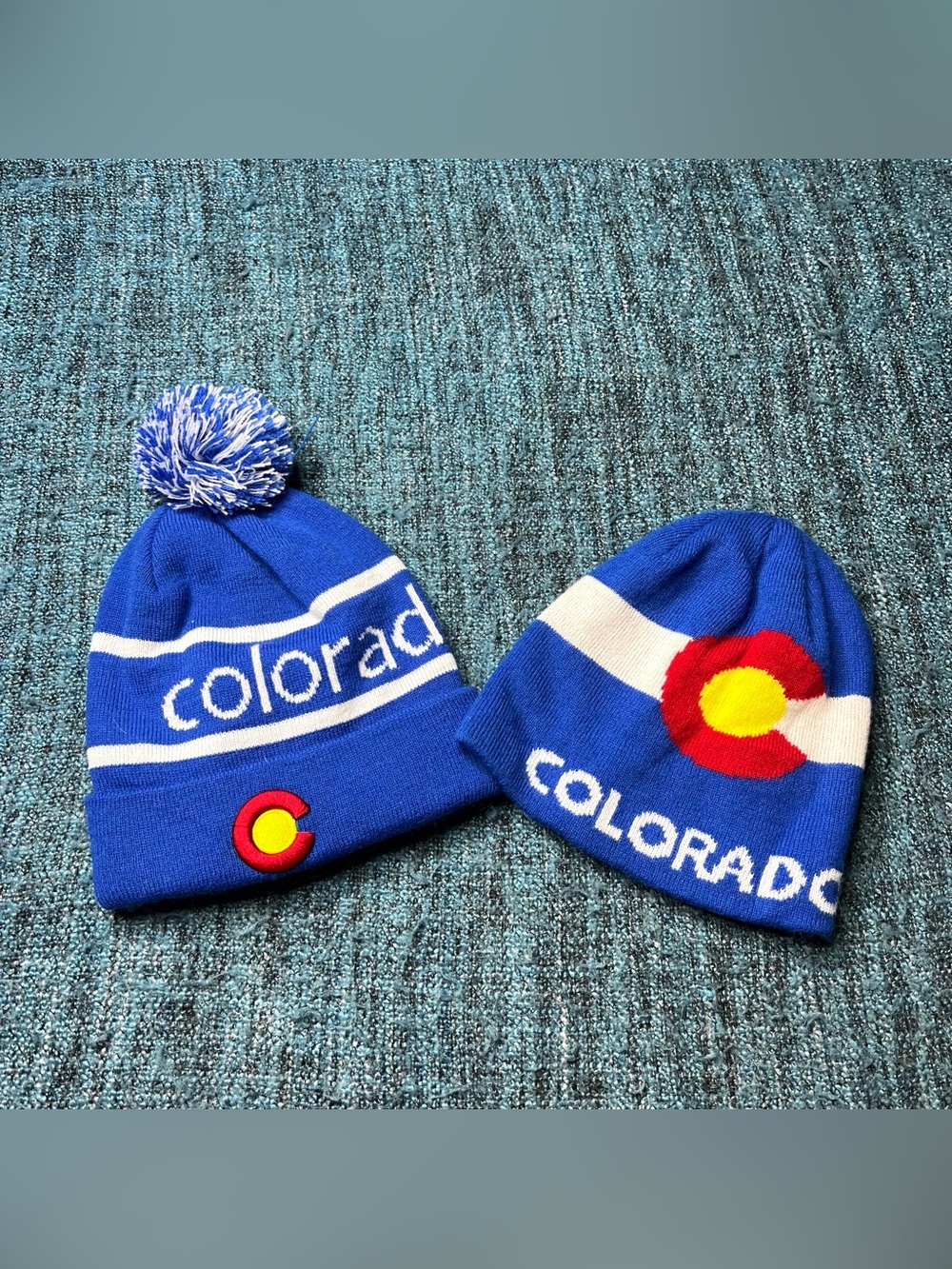 Gold Medal Colorado State Flag Beanie Bundle of Two Pom Pom Blue Red Yellow OS